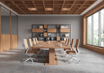 Wooden office room interior with meeting board and shelf with window