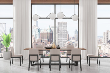 Cozy home living room interior with eating table and chairs, panoramic window