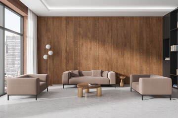 Modern living room with wooden wall and beige furniture. 3D Rendering