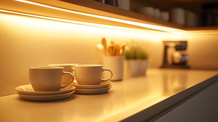Minimalist kitchen setup with sleek floating shelves, soft warm lighting highlighting a collection of matching mugs and plates in neutral colors, creating a refined, orderly look. --ar 16:9