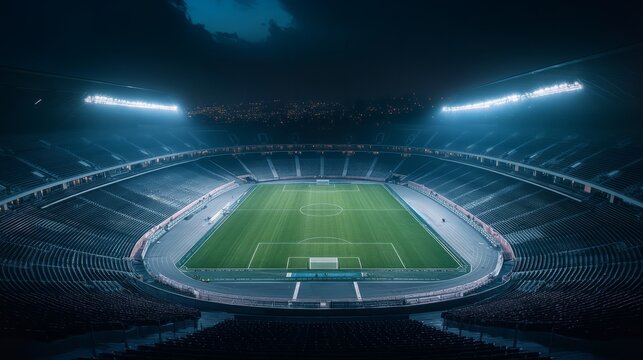 A modern stadium fully lit at night, with empty seats and the field in sharp focus, surrounded by darkness and city lights in the background -