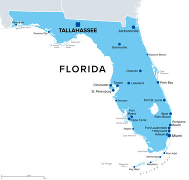 Florida, U.S. state, political map. State in the southeastern region of the United States with capital Tallahassee and largest cities. Nicknamed The Sunshine State. Isolated illustration. Vector.