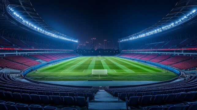 A modern stadium fully lit at night, with empty seats and the field in sharp focus, surrounded by darkness and city lights in the background -