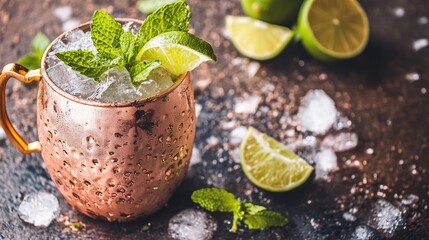 A Moscow mule in a copper mug with crushed ice, lime wedge, and mint leaves