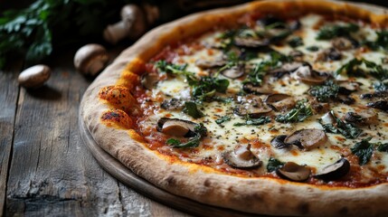 A delicious pizza with melted cheese, mushrooms,