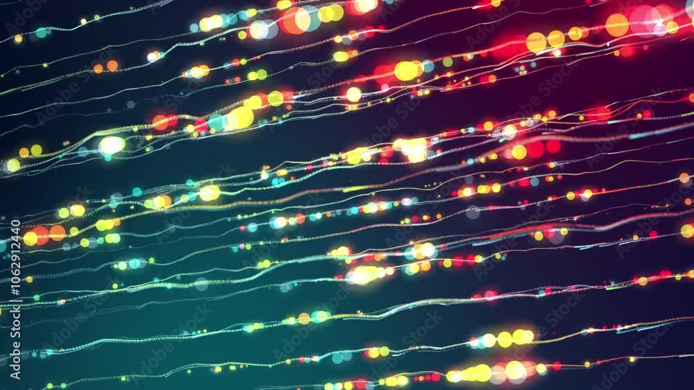 Poster glittering particles create mesmerizing trails and patterns, suspended in fluid or gas, presenting a