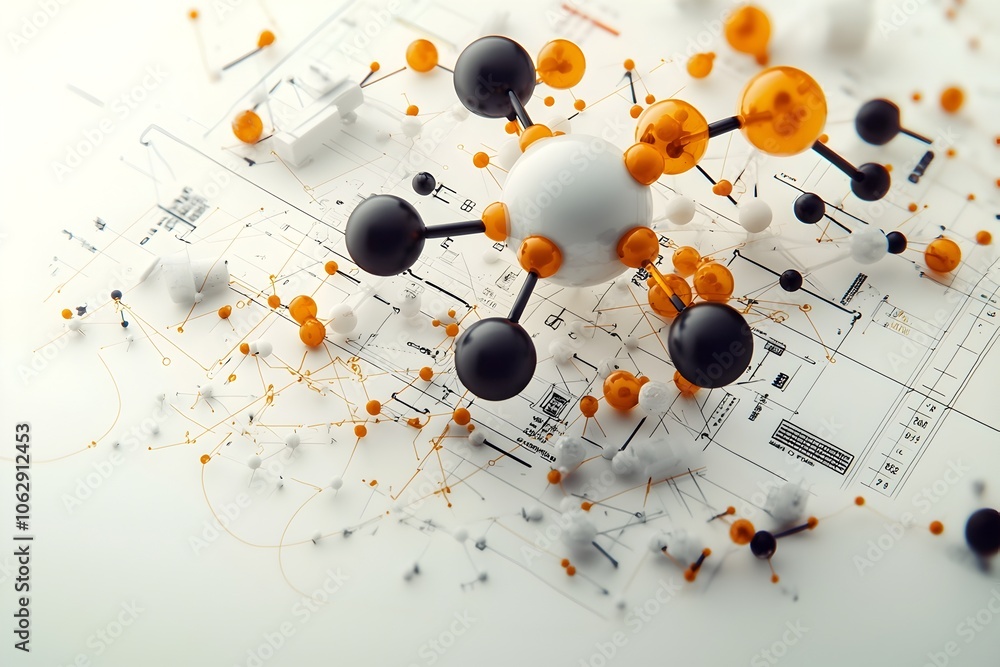 Poster captivating molecular structure featuring a dynamic organic compound with spherical and angular elem