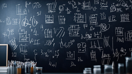 Classroom chalkboard filled with complex mathematical equations and diagrams in white chalk, surrounded by various chalk pieces and containers.