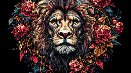 Majestic lion surrounded by floral decorations
