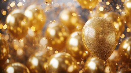 Golden inflatable balloons create a festive atmosphere for a New Year party, combined with confetti for a joyful celebration. Perfect for 2024 New Year party themes with ample copy space.