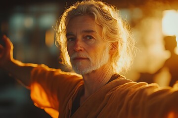 Obraz premium Serene senior man finds peace in yoga practice during a golden sunset.