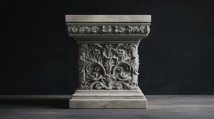 close-up A muted gray pedestal with intricate details,