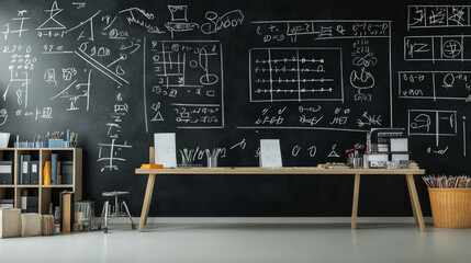 Chalkboard with mathematical equations and diagrams in a classroom setting, featuring a wooden desk with office supplies and shelves filled with books and folders.