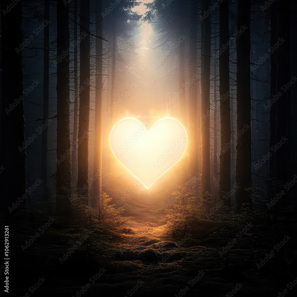 Poster Glowing heart symbol illuminating a forest path with soft light and trees surrounding, creating a serene atmosphere.