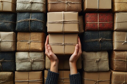 Hands carefully holding a parcel amidst a stack of various cardboard boxes.