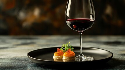 Naklejka premium Elegant glass of red wine accompanied by a delicious appetizer elegantly arranged on a fine dining table, ideal for creating a sophisticated dining atmosphere. Photo style with copy space.