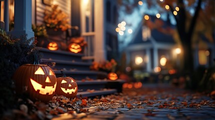 Obraz premium A spooky Halloween night with jack-o'-lanterns glowing on porches as trick-or-treaters roam the neighborhood.