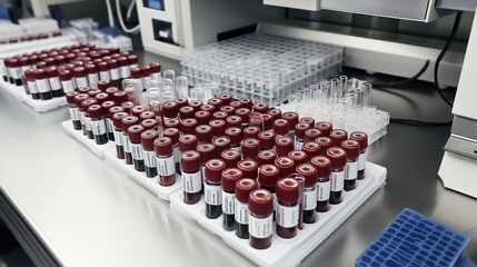 Laboratory setting with multiple racks of blood samples in test tubes on a metallic countertop, surrounded by laboratory equipment and empty plastic test tubes.