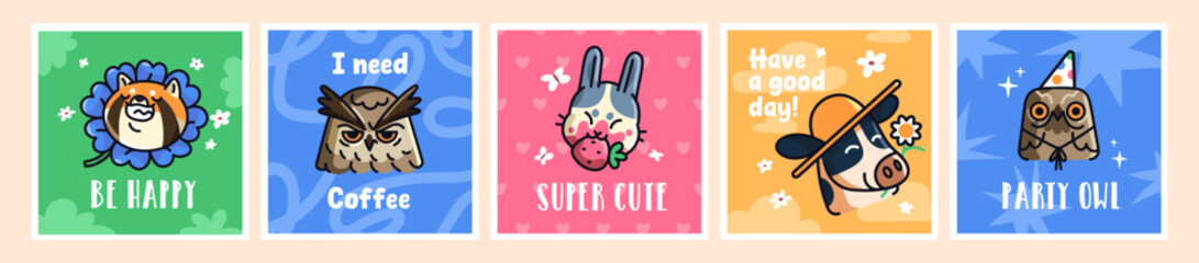 Designs of comic card with cute baby animals and phrases set. Postcard templates with happy muzzles of different childish characters. Funny bunny, birds, dog with flower. Flat vector illustrations