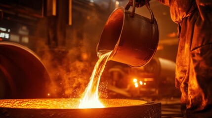 A dramatic shot of a worker pouring molten metal into a mold