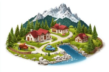 Idyllic countryside scene with houses, mountains, and a river, showcasing natural beauty and tranquility.