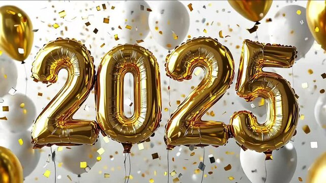 Golden balloons shaped as 2025 with festive confetti, celebrating the new year in style. A vibrant display for welcoming new beginnings