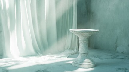 A muted mint pedestal surrounded by soft light. empty stage podium 