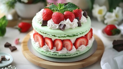 Delicious macaron cake adorned with whipped cream, fresh strawberries, chocolate, and mint. This cream dessert shines in pastel colors, perfect for enticing presentations.