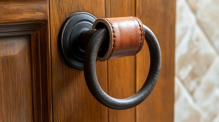 A close-up of a brown leather wrapped door handle on a wooden door.