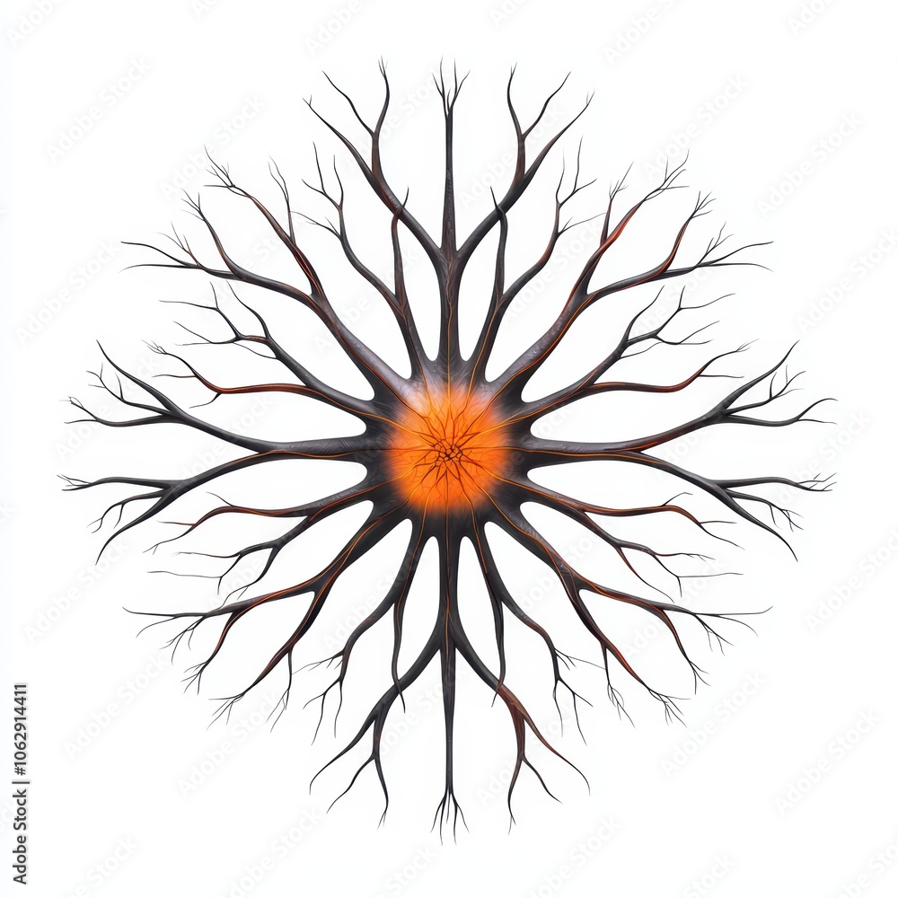 Poster intricate abstract design featuring branches radiating from a central bright core, white isolated ba