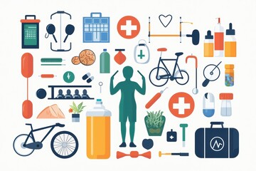 Illustration showcasing health and fitness elements on a white isolated background.