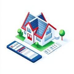 Isometric illustration of a modern house with smartphone and documents, white isolated background.
