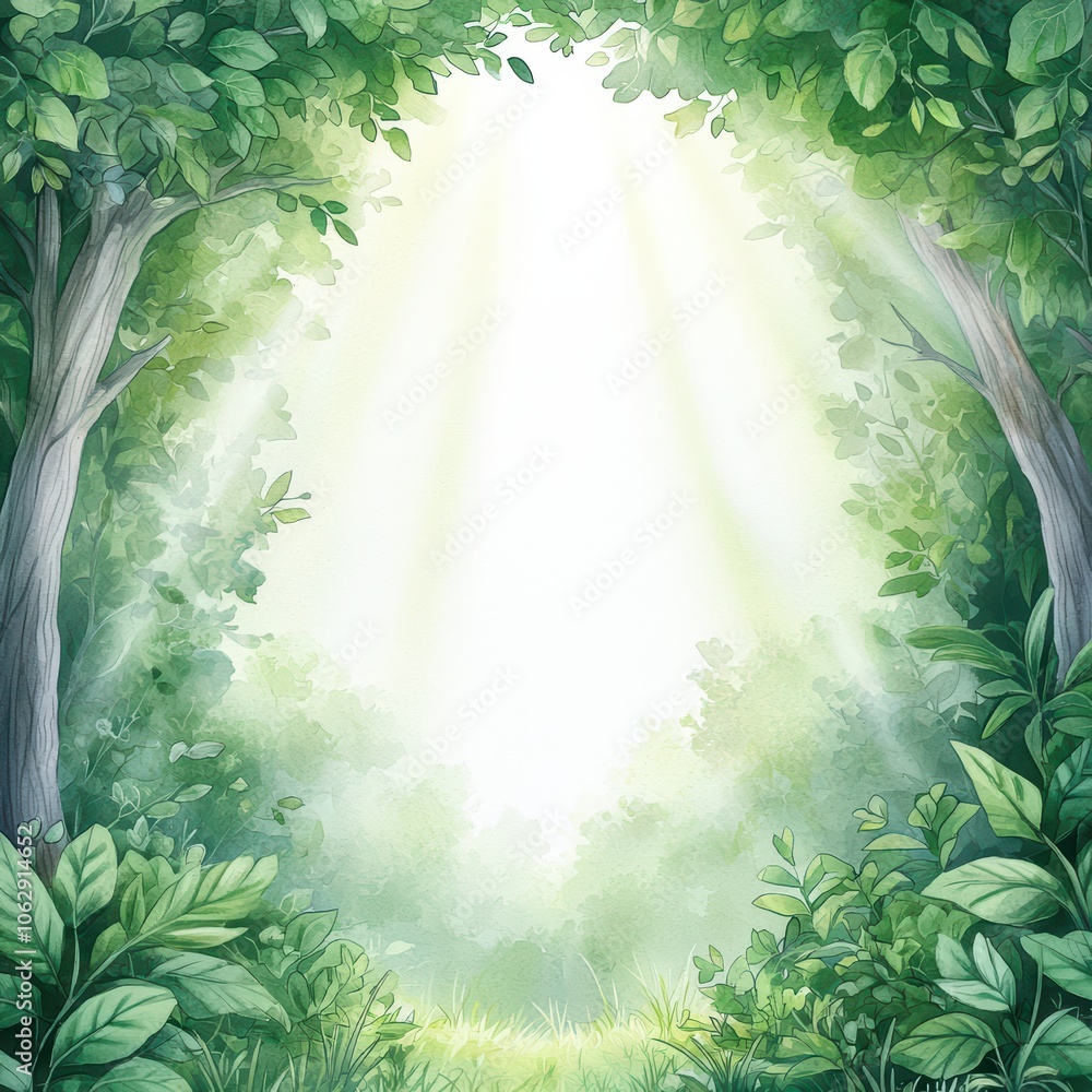Poster lush green forest with sunlight filtering through trees, creating a serene atmosphere.