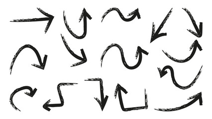 Arrows drawn with brushes for infographic design. Straight curved circular multidirectional. Graphic element used in different projects. Vector illustration.