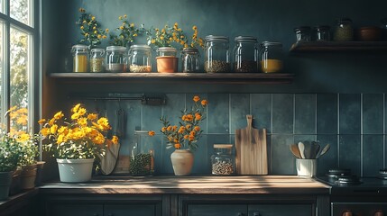 Moody dark kitchen corner with soft, warm under-shelf lighting, ceramic jars, and rich wooden elements, creating a cozy, minimalist space with subtle textures. --ar 16:9