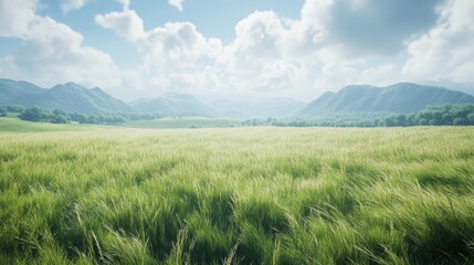 Obraz premium A vast field filled with tall grass creates a serene and tranquil landscape. The tall grass sways gently in the breeze, offering a beautiful scene with ample photo space.