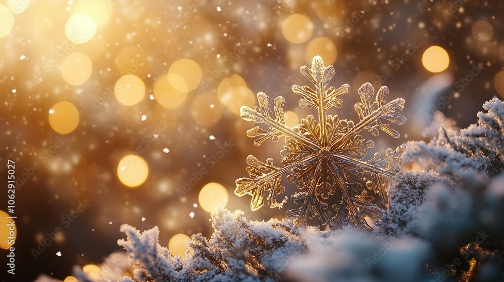 Poster sparkling snowflake with golden bokeh background
