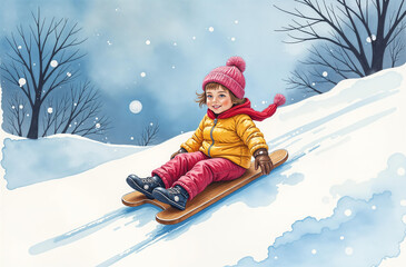 Kid is sledding down snow hill, child is having fun during the New Year holidays, it is snowing, Christmas trees in the background
