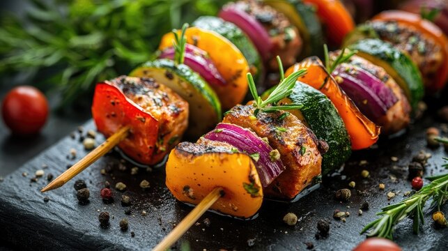 Vegetarian gourmet temptations captured in a high close-up style with vignetting focus, emphasizing the rich colors and textures of delicious vegetarian dishes with ample copy space.