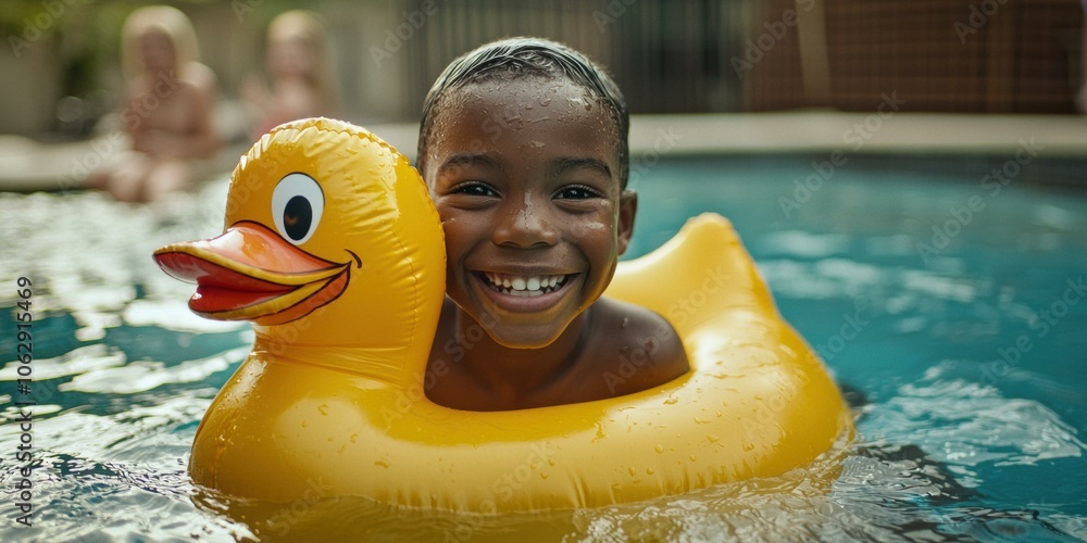 Aufkleber a young boy smiles while floating in a pool with a duck float. ai.
