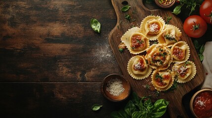 Italian ravioli with delicious filling arranged on a wooden board, perfect for highlighting the essence of Italian cuisine. Ideal photo for menu creation with ample copy space.