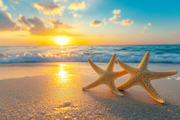 Fototapeta na wymiar Two starfish on the beach at sunset, with beautiful ocean waves and blue sky in the background. The golden sun is setting over the sea horizon, casting warm light onto the sand of a tropical island. 