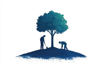 People planting trees on a hill with a large tree, symbolizing environmental care and sustainability.