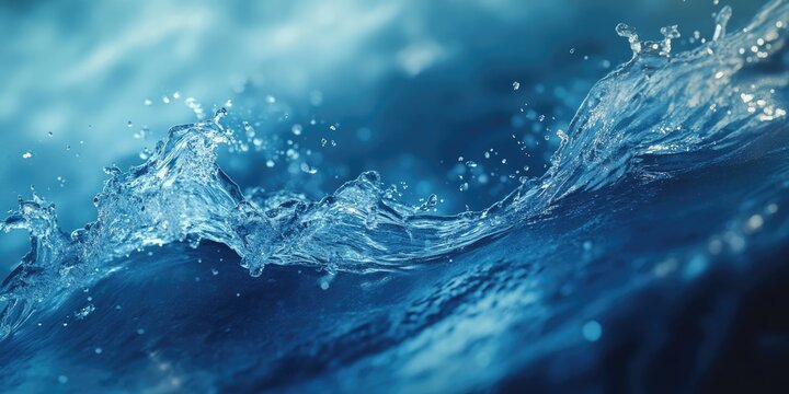 A burst of water splashes against a blue backdrop, creating liquid waves accompanied by tiny particles. The dynamic scene captures the essence of water in motion.