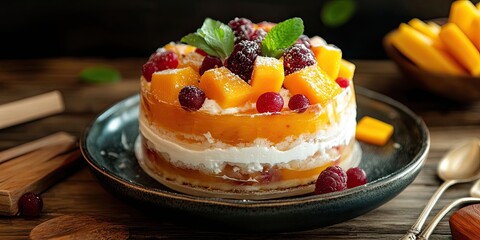 Cessaion, referred to as Cosy or Cloud Nine, is a quick multi layered fruit cake featuring gelatin, Quark or curd cheese, and is garnished with mango and Maulana fruit.