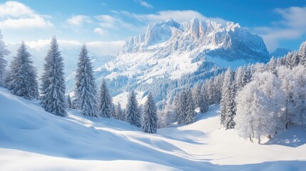 Winter landscape with majestic mountains and snow, capturing the serene beauty of winter. The winter landscape invites peaceful reflection, with ample space for creative expression.
