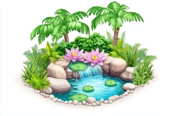 Serene garden pond with lily pads, vibrant lilies, flowing water, and lush greenery, isolated on white background.