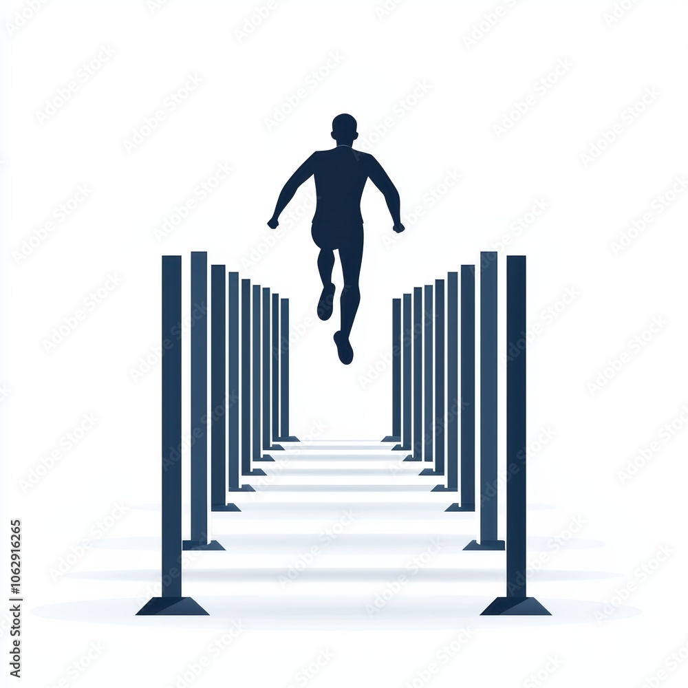 Poster silhouette of a runner jumping over hurdles on an isolated background.