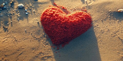 A heart shaped emblem crafted in red sand on a beach evokes a summer romance theme, highlighting love and affection in a picturesque setting of summer bliss.