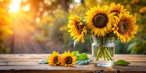 Beautiful bouquet of sunflowers arranged on a wooden table with a vase filled with fresh water and a few fallen leaves nearby, greenery, table, vases
